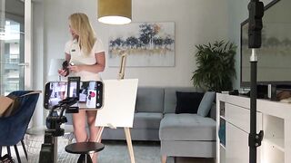 Hawt and concupiscent golden-haired art teacher wife in white summer suit goes no pants to flash her constricted hairless vagina and anal opening