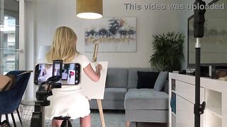 Hawt and concupiscent golden-haired art teacher wife in white summer suit goes no pants to flash her constricted hairless vagina and anal opening