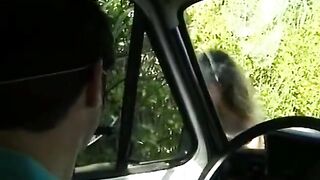Breasty golden-haired hotty gets fucked in the van and outdoors