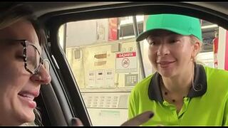 I put the gas station attendant in the car so this babe could have great sex with me and my spouse until that babe was drooling cum all over his ramrod, the drool from her twat even oozed onto his nuts!