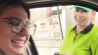 I put the gas station attendant in the car so this babe could have great sex with me and my spouse until that babe was drooling cum all over his ramrod, the drool from her twat even oozed onto his nuts!