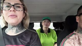 I put the gas station attendant in the car so this babe could have great sex with me and my spouse until that babe was drooling cum all over his ramrod, the drool from her twat even oozed onto his nuts!