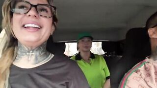 I put the gas station attendant in the car so this babe could have great sex with me and my spouse until that babe was drooling cum all over his ramrod, the drool from her twat even oozed onto his nuts!