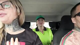 I put the gas station attendant in the car so this babe could have great sex with me and my spouse until that babe was drooling cum all over his ramrod, the drool from her twat even oozed onto his nuts!