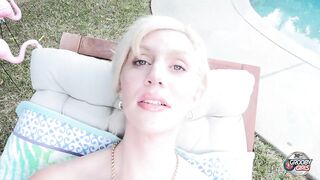 GROOBYGIRLS Blond Trans Woman Masturbates and Takes Anal Outdoors on Patio