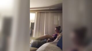 Naughty roommate masturbating to marvelous breasty cutie in brassiere and pants whilst this babe's playing clip games
