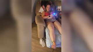 Filming up white cutie gal's micro mini suit during the time that this babe's playing fortnite and that babe's loving it