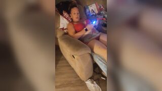 Filming up white cutie gal's micro mini suit during the time that this babe's playing fortnite and that babe's loving it