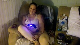 Sexy Girlfriend Smokin' Cigarettes Playing movie scene Games In Purple Brassiere and Pants