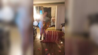 Hawt step mommy in brassiere and pants popping balloons with cigarettes, gets her lustful and cunt wet