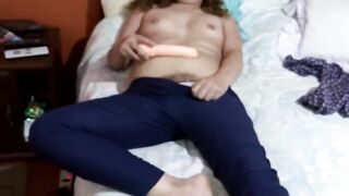 I place in my heavy sex-toy whilst watching my stepson masturbate, this guy cums in my bushy twat.