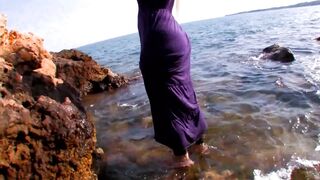 Nasty blond with large bazookas and ebony nylons hard banged on the beach