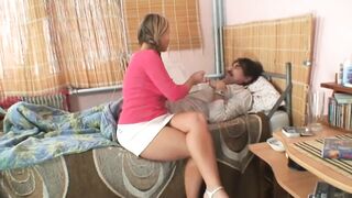 Blond stepdaughter takes care of her sick stepdad