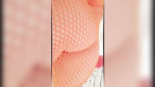 JOI FemDom movie scene in orange fishnet mesh costume curvy Mastix POV