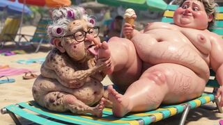 Elderly Granny Passionately Sucking big beautiful woman Feet on the Beach