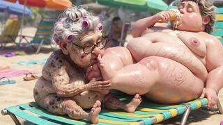 Elderly Granny Passionately Sucking big beautiful woman Feet on the Beach