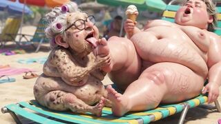 Elderly Granny Passionately Sucking big beautiful woman Feet on the Beach