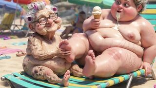 Elderly Granny Passionately Sucking big beautiful woman Feet on the Beach