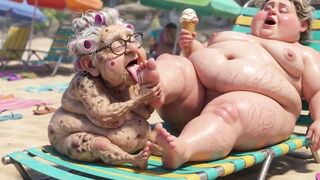 Elderly Granny Passionately Sucking big beautiful woman Feet on the Beach