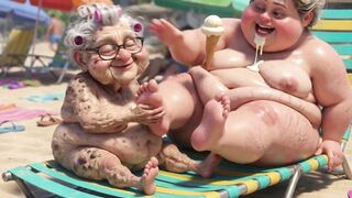 Elderly Granny Passionately Sucking big beautiful woman Feet on the Beach