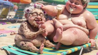 Elderly Granny Passionately Sucking big beautiful woman Feet on the Beach