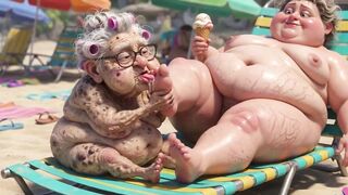 Elderly Granny Passionately Sucking big beautiful woman Feet on the Beach