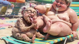 Elderly Granny Passionately Sucking big beautiful woman Feet on the Beach