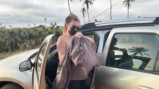 Nude Breasty Blond Walks by Car on Public Road