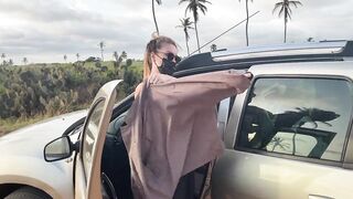 Nude Breasty Blond Walks by Car on Public Road