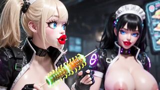 2 Cute Hotties Working at Cyberpunk Corner, Ai Animation