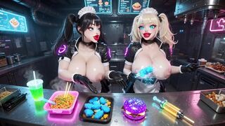 2 Cute Hotties Working at Cyberpunk Corner, Ai Animation