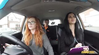 Redhead Student is drilled by driving instructor and examiner - Fake Driving School