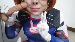 Trans gal with Dva Cosplay and S&M Nosehook Giving a Oral pleasure, Eating Cum and Deepthroat to Large Vibrator