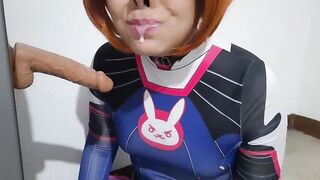 Trans gal with Dva Cosplay and S&M Nosehook Giving a Oral pleasure, Eating Cum and Deepthroat to Large Vibrator
