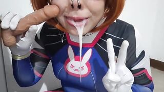 Trans gal with Dva Cosplay and S&M Nosehook Giving a Oral pleasure, Eating Cum and Deepthroat to Large Vibrator