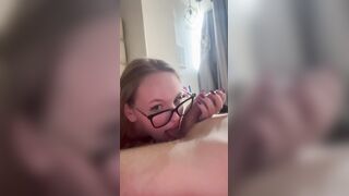 Hot gal with glasses gives sloppy POV oral-job and licks the tip