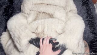 Blow job and doggy style in silverfox furry coat with leather gloves
