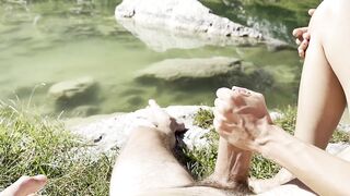 Having outdoor enjoyment on a mountain lake until that guy cums on my pretty feet