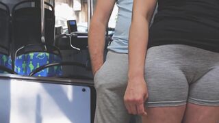 Public Bus Tugjob Stranger Cum Raw, risky, and banging hawt! That babe strokes his thick jock, teasing him until this chab explodes in public transport