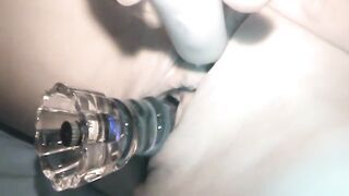 Self enjoyment with glass sextoy and sex tool