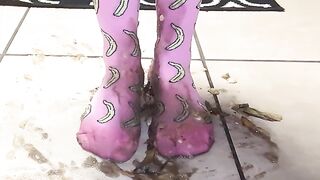 Large Feet in Banana Socks Crush And Squish Bananas! Come Get Your Dinner