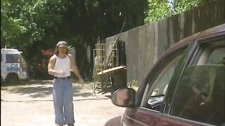 Chap ploughs hawt blond broad against tree