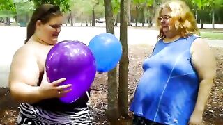 two bbws are balloon blowing and popping