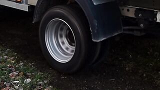 barefeet truck driving spinning tires offroad. burnout smokin' tires pedal pumping revving