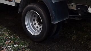 barefeet truck driving spinning tires offroad. burnout smokin' tires pedal pumping revving
