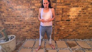 Getting my clothing wet in piddle by a small floozy - self jean void urine - posing and undressing