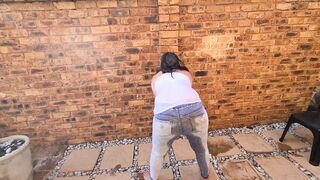 Getting my clothing wet in piddle by a small floozy - self jean void urine - posing and undressing
