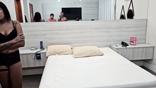 Behind the scenes of the fuckfest with Jady Martins and Gabyy Peclat, giving anal and vaginal sex to 3 well-endowed dudes in a motel and getting cum on their faces.