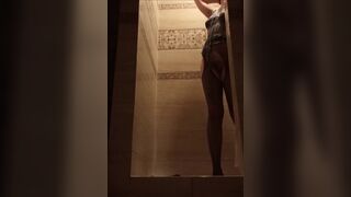 hawt shower in clothing and nylons