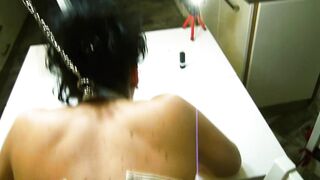 Darksome Haired Floozy Gets Drilled whilst Fastened Up!